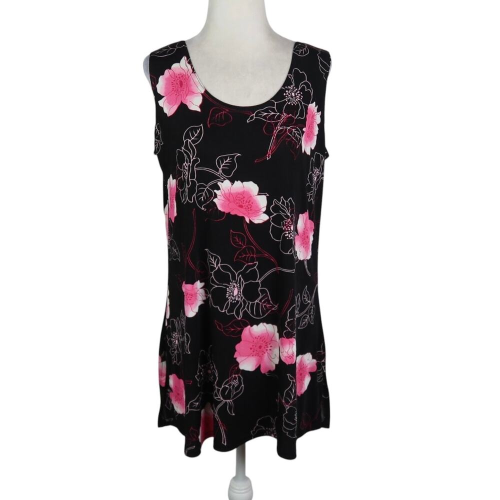 Vintage 90s Black and Pink Floral Print Tunic Tank Top M